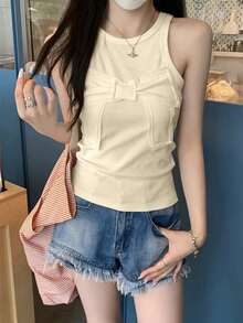 修身蝴蝶结提花青春设计吊带背心休闲 - 杏色 - 查看 8