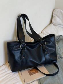 1 Peça Bolsa Tote de Couro PU Retrô de Cor Sólida Feminina, de Grande Capacidade, Estilo Minimalista Europeu e Americano da Moda, Adequada para Ir e Vir, Escritório, Compras, Presente - Preto - Visão 6