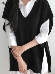 大码女式套头毛衣，休闲舒适V领无袖针织上衣 - 黑色 - 查看 8