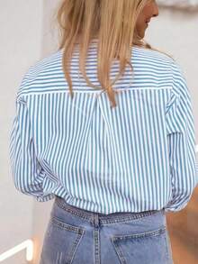 SUNSTORY 女士纯色优雅性感休闲衬衫，适合通勤、商务、春夏秋季、海滩、早午餐、办公室、下午茶、演出、乡村演出、休闲户外度假、返校季、复古风、优雅通勤商务度假衬衫 - 藍色 - 查看 4