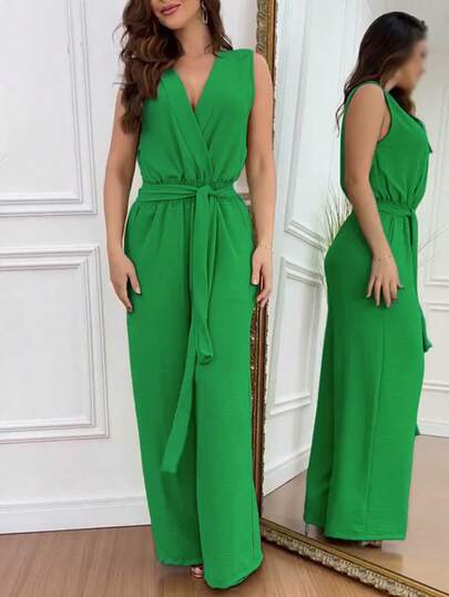 Women's Solid Color V-Neck Waist Tie Design Ruched Casual Everyday Commute Wide Leg Jumpsuit Summer Elegant