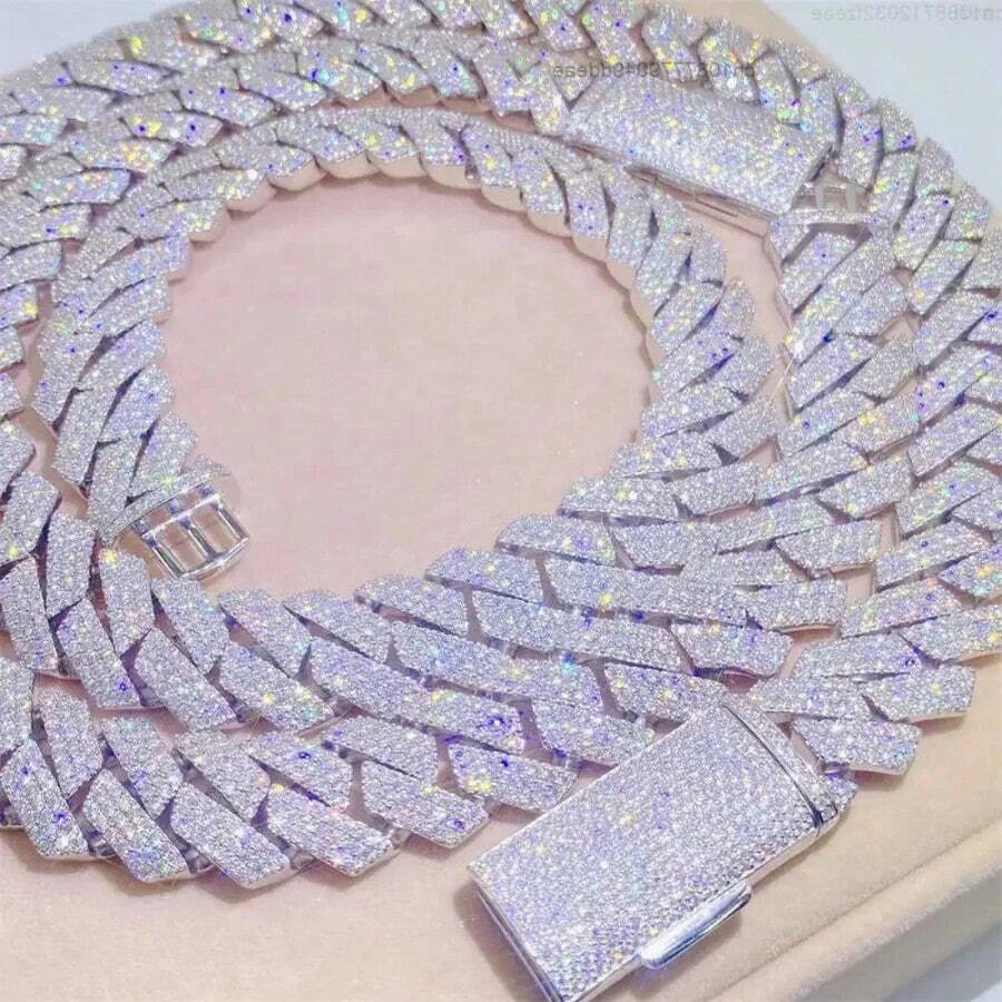 Unisex Colorful Hip-Hop Jewelry 15mm 20-Inch/22-Inch/24-Inch Full Diamond-Studded VVS-Grade Rhinestone Cuban Chain Men's Chain Necklace Stylish And Versatile Perfect For Parties Or Casual Wear Men's Cuban Chain Necklace Ideal Gift Suitable For Boyfriends Or Girlfriends Cuban Chain Style - 銀色 - 查看 1