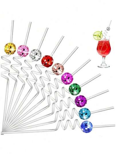 1/5pcs Reusable Plastic Disco Ball Straws, 70s Disco Party Decor Mirror Stir Sticks, Cowboy Hat Straws, Suitable For Birthday, Valentine's Day, Party, Wedding Or Anniversary, Mother's Day, Thanksgiving, New Year, Easter, Galentine's Day, Singles Party, Back To School Supplies