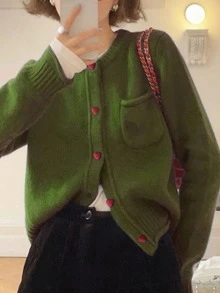 Áo cardigan len nữ kiểu Hàn Quốc tối giản, cổ tròn, thiết kế cúc phối màu tương phản, thích hợp cho mùa Thu/Đông. - Tảo xanh - Xem 4