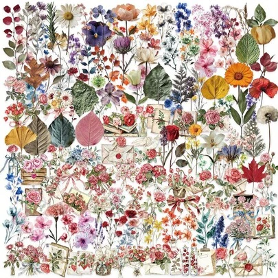 150 piezas Pegatinas transparentes 2D con patrón de flores y hojas vintage románticas, decoración DIY para Navidad, Año Nuevo, papelería, libros, tazas, equipaje, guitarra, casco, etc. Suministros para scrapbooking, pegatinas divertidas