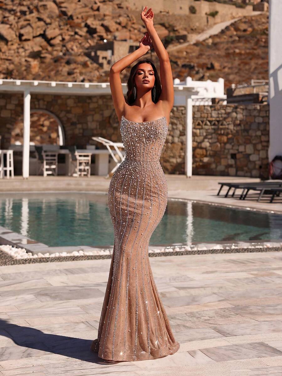 女士手工串珠刺绣露背高腰长款派对礼服，适合舞会、生日派对、正式晚宴、约会、返校节、婚礼宾客、盛大晚宴、家庭聚会等场合，情人节亦可穿着。 - 杏色 - 查看 1