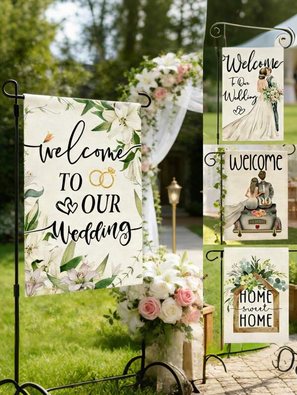 1pc Floral Wedding Ceremony Garden Flag,Floral Marriage Welcome Romantic Yard Outdoor Decoration,Welcome Bride And Groom Wedding Garden Flag,Anniversary Holiday Party Yard Outdoor Decor