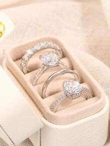 4 piezas de anillos de circonita cúbica preciosos con caja para mujeres para boda, compromiso, aniversario, fiesta, joyería, regalo del Día de San Valentín - Plateado - Ver 4