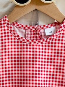 两件套女童夏季时尚优雅甜美红白格纹背心和配套格纹长裤套装，适合街头风、日常穿着和乡村风穿着。 - 紅色 - 查看 4