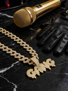 1pc European American Brand "GANG" English Letter Rhinestone Pendant Necklace, Hip-Hop Men's Daily Accessory - GANG Pendant Necklace - View 5