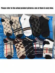 5双/10双装女士短袜，字母条纹图案，优雅法式复古时尚百搭，春夏款 - 彩色 - 查看 3