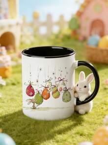 1 Stück 325ml Keramik Kaffeetasse mit Hasen Blumen & Oster Grüße - Rosa & Grüne Frühlings Hasen, Tulpen & Eier Design - Nur Handwäsche, wiederverwendbare Tasse als Ostergeschenk, für Lehrer, Kollegen, Liebste oder Geburtstagsgeschenk - Weiße Teetasse für heiße/kalte Getränke - Verschiedenfarbig - Übersicht 8