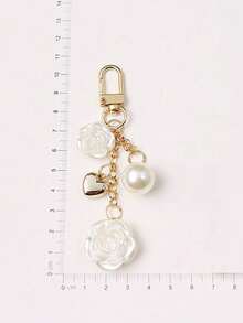 Elegant 1pc Big Pearl & Flower & Heart Shaped Keychain With Gold-Tone Clasp - A - View 2