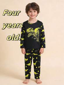 Young BoyComfortable Cartoon Dinosaur Pattern Luminous Long Sleeve + Long Pants Home Outfit Set (Glowing Only Under UV Light) - Yellow - View 12