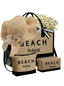 女士沙滩手提包套装，黑色和卡其色，印有“Beach Please”字样，大容量沙滩包内含化妆包、小收纳袋、帽子和可调节肩带，专业化妆包组合，轻松解决旅行途中化妆品收纳难题 - 彩色 - 查看 15