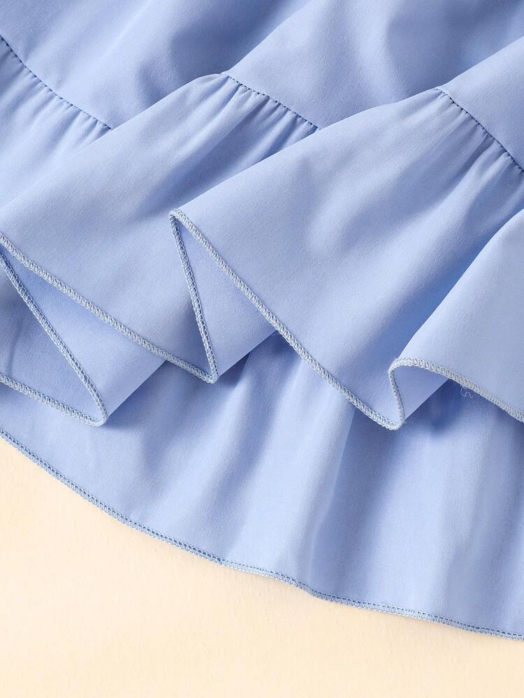 2pcs/Set Young Girls Casual Camisole & Puff Sleeve Short Dress Set, Summer - Baby Blue - View 8