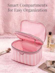 Cute Pink & White Stripe Makeup Bag With Compartments,Nylon Travel Essentials Cosmetic Bag Organizer Toiletry Bag For Women Girls, Simple Pink Portable Storage Bag With Four Different Sizes To Choose From, Suitable For Home Storage, Cosmetics Storage, Cute Appearance, Suitable As A Gift - 手持雙層(粉紅色) - 查看 4