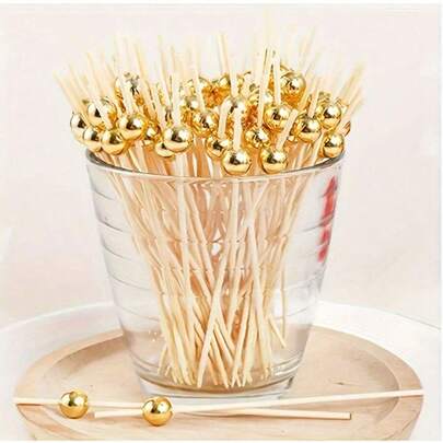 50pcs/30pcs Bamboo Cocktail Picks With Gold Pearl Decor - Elegant Fruit, Cake, Snack And Appetizer Picks - Perfect For Birthday, Graduation, Anniversary And Holiday Party Decorations