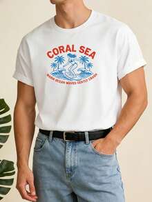Men's Summer Coconut Tree & Surfing Print Casual Short Sleeve T-Shirt, Suitable For Daily Wear, Vacation, Unisex - White - View 2