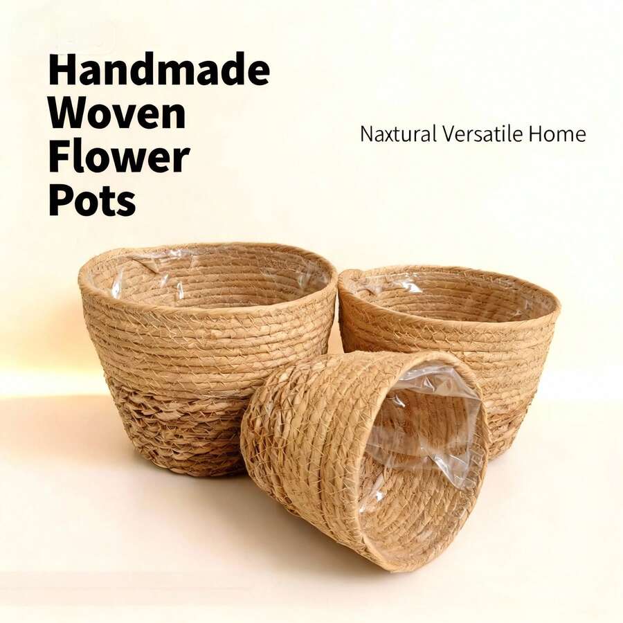 北欧风手工编织草编花盆套装，绿植收纳篮，带防水内衬，有大/中/小三种尺寸可选，适用于客厅和阳台装饰 - A - 查看 1
