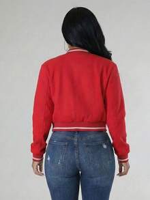 Plus Size Casual Varsity Jacket Long Sleeve Knitted Fabric Baseball Collar For Party - Đỏ - Xem 3