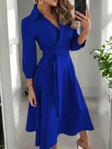 Vestido Largo Mujer Elegante Cruzado Con Cinta Para Ajustar y Detalle En Cuello , Ideal Para Cenas O Fiesta - Azul Rey - Ver 3