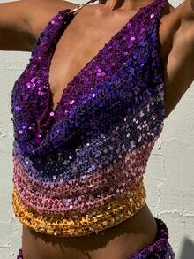 Rainbow Sequin Glitter Top For Women's Disco Queen Party Outfit Costume Cowl Neck Backless Halter Vest For Theme Party Carnival - 彩色 - 查看 3
