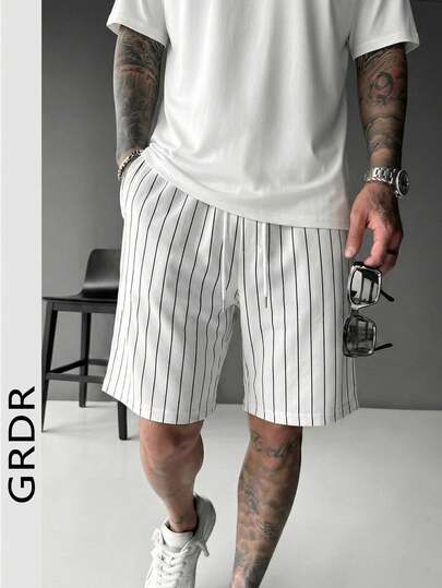 GRDR Pantalones cortos de punto a rayas casuales para hombres, de moda y versátiles, para primavera/verano