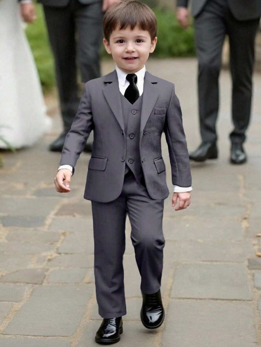 男童五件套西装，幼儿燕尾服礼服，花童服装，婚礼西装外套、马甲、裤子、衬衫、领带，适合儿童生日派对、晚宴、婚礼、洗礼和周年纪念等场合，灰色，尺码3-10岁 - 灰色 - 查看 1