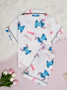 Disney Stitch Series Cartoon Print 2-Piece Set, Cute Casual Versatile Short Sleeve Elastic Waist Shorts Pajama Set For Tween Girls Silk-Like Soft Breathable Fabric, Suitable For All Seasons Loungewear - White - View 2