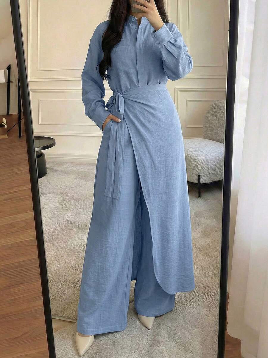 3er Set: Hellblaues Hemd mit Knöpfen vorne, Rock mit Schlitz an der Seite, und Lässig Hose für Damen, elegante Frühlings-Pendler-Garderobe - Babyblau - Übersicht 1