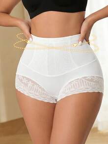 High Waist Tummy Control Seamless Lace Panties Breathable Tummy Control Underwear With Butt Lift Shaping Triangle Briefs - White - View 3