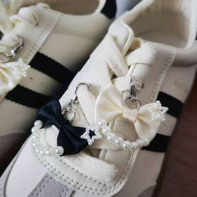 1 Pair Black Satin Ribbon Bow & Pearl Star Decor, Y2K Niche Design Sweet & Spicy Girl Style, College Style, Best Gift For Girls, Perfect Valentine's Day Gift. Suitable For Decorating Shoes, Canvas Shoes, Boots, Bags, And Other Accessories