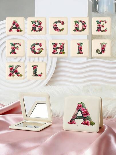 1个自然灵感ins风字母系列化妆镜，可折叠轻薄便携手镜，耐用PU皮革材质，适合各种场合和人群，可折叠口袋镜