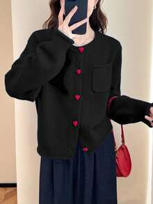 女士休闲简约韩版撞色纽扣圆领毛衣开衫，秋冬款 - 黑色 - 查看 2