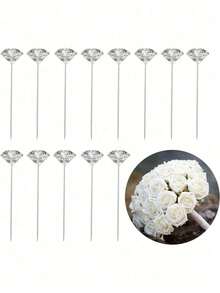 50/100pcs (0.6*3.8cm) Diamond Flower Bouquet Pins, Suitable For Valentine's Day, Mother's Day DIY Crafts, Wedding Anniversary, Bridal Bouquet, Corsage Sewing Decoration, Wedding Bouquet, Wedding Anniversary Transparent Flower Pins, Wedding Bouquet Floral Accessories. They Can Also Be Used As Mother's Day Gifts, Decorating Roses, And Displaying Decorative Styles. Suitable For Spring Wedding Decorations, Valentine's Day - Silver - View 1
