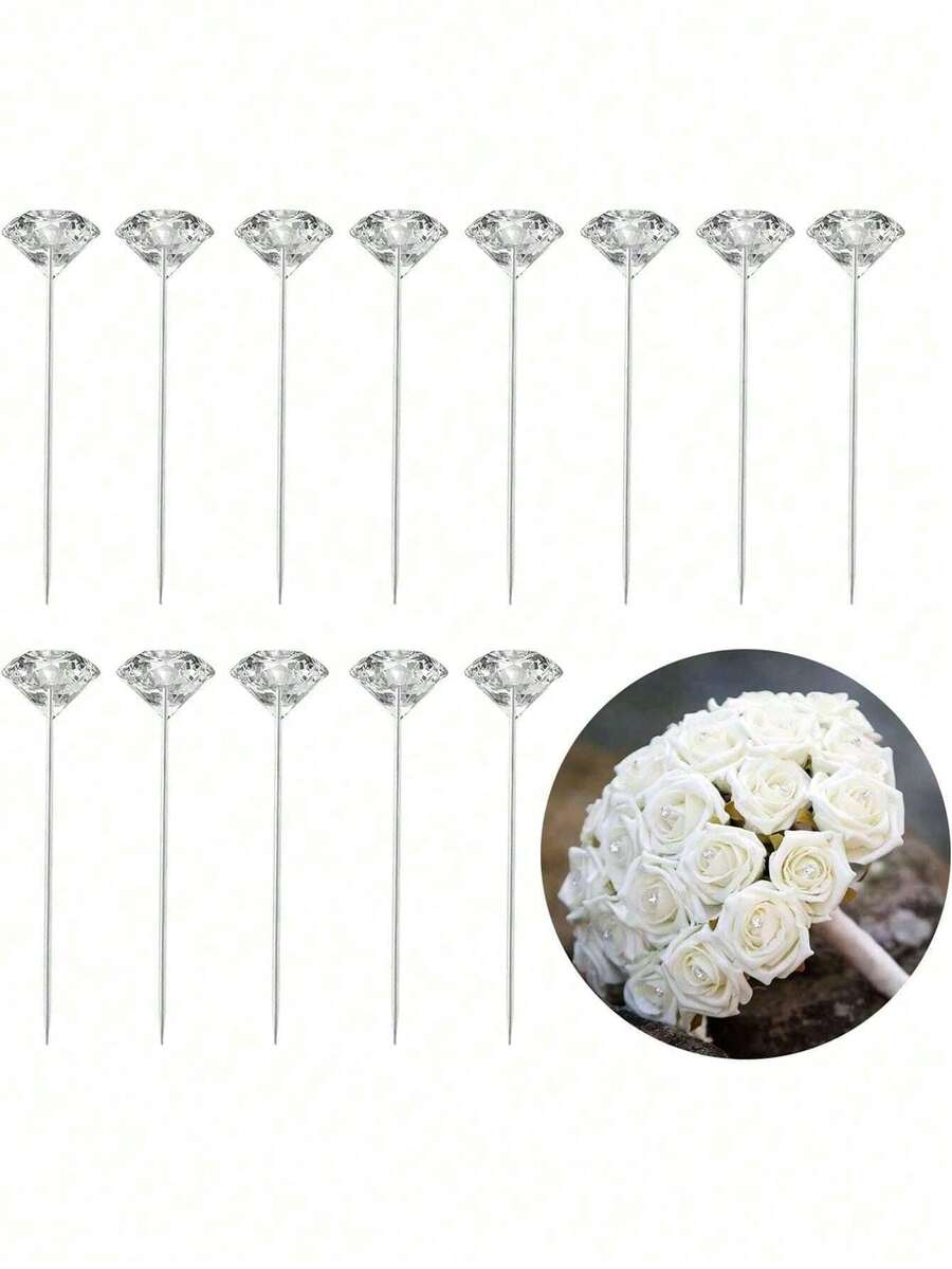 50/100pcs (0.6*3.8cm) Diamond Flower Bouquet Pins, Suitable For Valentine's Day, Mother's Day DIY Crafts, Wedding Anniversary, Bridal Bouquet, Corsage Sewing Decoration, Wedding Bouquet, Wedding Anniversary Transparent Flower Pins, Wedding Bouquet Floral Accessories. They Can Also Be Used As Mother's Day Gifts, Decorating Roses, And Displaying Decorative Styles. Suitable For Spring Wedding Decorations, Valentine's Day - Silver - View 1