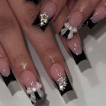 24Pcs Long Square Press On Nails Black French Tip Nails Rhinestone & Gold Bowknot Decorated Luxurious Full Cover For Women Girls Summer Nails Art Charm Dating Office Home Party Nail Supplies Nails - Black 2 - 查看 3
