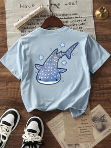 少女学生休闲印花圆领短袖T恤，夏季上衣 - 淺藍色 - 查看 4