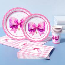 Glitter Purple Bow Disposable Plate, Napkin, Cup Set, Plates, Napkins And Cups Party Supplies, Serves 8 Guests, Disposable Paper Plates Party Tableware Suitable For Birthday, Wedding, Theme Party, Family Picnic - Multicolor - View 3