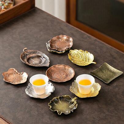 Posavasos de aleación con aislamiento térmico y anti-quemaduras, soporte de taza de estilo japonés de lata vintage de cobre, accesorios de juego de té con posavasos metálicos creativos