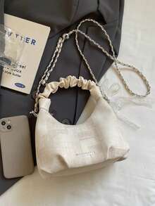 Women's Simple And Versatile High-Quality PU Pleated Handbag, Crescent-Shaped Mini Bag With Beaded Charm And Detachable Shoulder Strap, Perfect For Everyday Casual Wear. - White - View 10