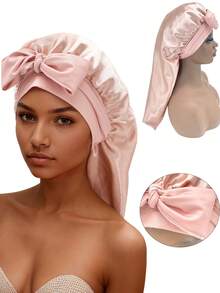 1pc Black Sleeping Cap, Women's Pink Elastic Drawstring Long Satin Silk Sleep Cap, Curl Hair Wrap, Long Hair, Braids, Dreadlocks, Curly Hair Silk Sleep Cap, Satin Bow Sleep Cap Sleep Bonnet - Multicolor 1pc - View 25