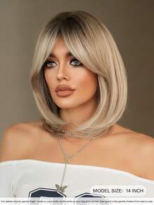 7JHH WIGS Tóc giả bob ngắn ngang vai màu vàng nhạt cho nữ, kiểu tóc thẳng ngắn tỉa lớp với mái rẽ, chân tóc tối màu, chất liệu sợi tổng hợp chịu nhiệt, thích hợp cho các bữa tiệc hàng ngày, các ngày lễ, lễ hội âm nhạc, quà tặng tốt nghiệp và quà tặng cho mẹ, phụ kiện tóc giả dài 14 inch. - Vàng lanh - Xem 6