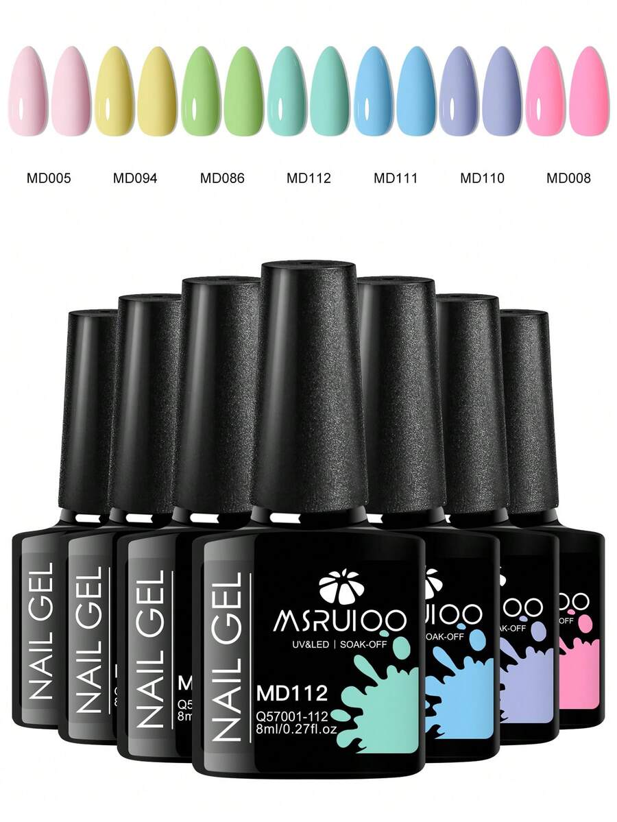 7支/套 8毫升马卡龙色凝胶指甲油套装，持久耐用，不含铅、HEMA和TPO，可卸除UV凝胶指甲油，适合夏季美甲、DIY美甲设计，美甲沙龙和家庭使用皆宜。