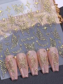 2pcs 5D Embossed Gold Butterfly & Star Spring Nail Art Stickers, Gold Line Butterfly Glitter Luxury Embossed Nail Decals, DIY Japanese Nail Art Self-Adhesive Decorations Nails Nail Supplies - Gold - View 6