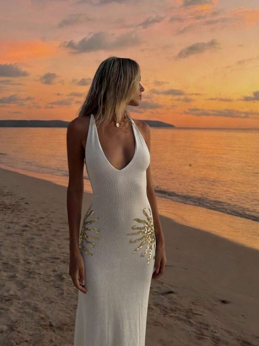 Women's New Style White V-Neck Sleeveless Sequin Crisscross Tie Backless Slim-Fit Dress, Sexy Elegant Fashionable Casual Beach Vacation Party Valentine's Day Outfit, Spring And Summer - Multicolor - View 1