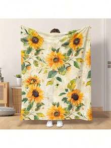 Sunflower Print Themed Flannel Throw Blanket, Vibrant Yellow & Green Soft Lightweight Fleece For All Seasons, Perfect Gift For Friends & Family, Ideal For Sofa, Bed, Travel, Floral Keepsake Throw, Machine Washable Accent Blanket, Cozy Contemporary Style - 多色 1 - 查看 2
