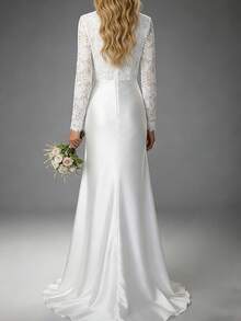 女士蕾丝婚纱，长袖高领露背及地优雅晚礼服 - 白色 - 查看 2