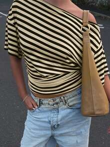 Buzzelle 女士休闲宽松条纹不对称肩短袖T恤，夏季 - 黃黑條紋 - 查看 3